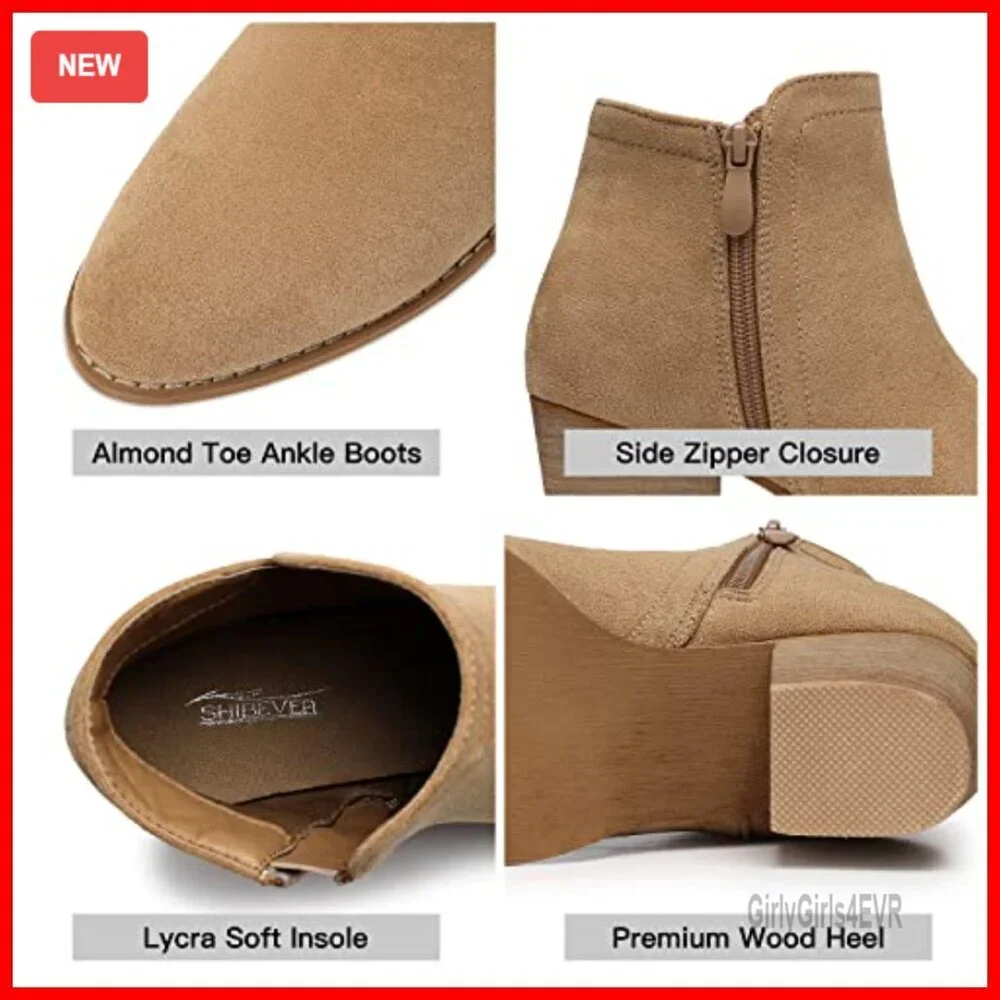 Faux Suede Ankle Booties with Chunky Low Heel Almond Toe Zipper Closure - Picture 4 of 7